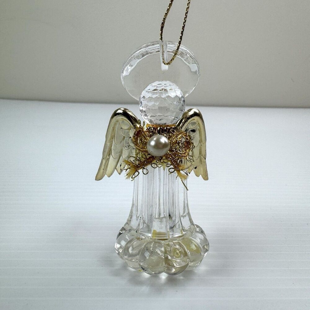 Vintage Angel Clear Crystal Ornament Gold Tone Wings Christmas